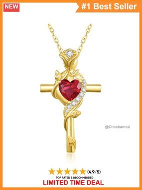 14K Gold Cross Necklace Created Ruby July Birthstone Adjustable Chain